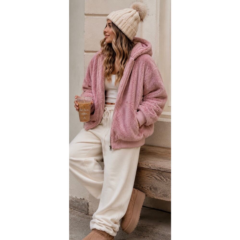 Free People Faux Fur Teddy Hoodie Jacket Mauve Pink Oversized Cozy Coat M